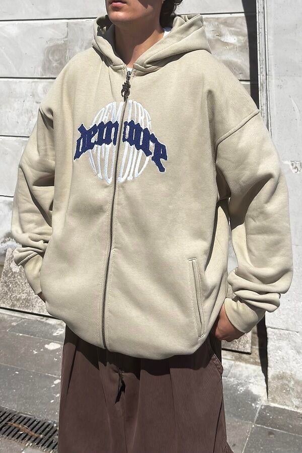  Premium Cream Ton Nakışlı Zipper Oversized Hoodie