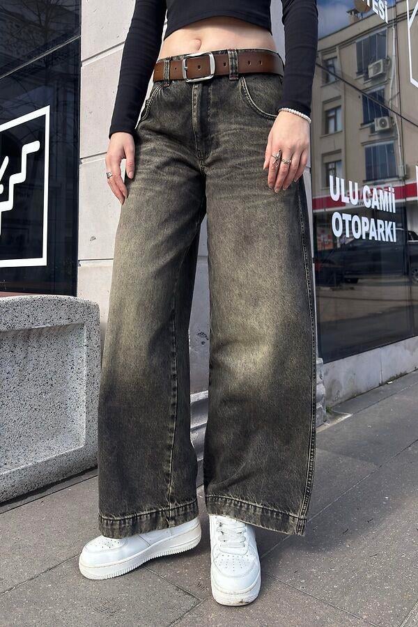 Antrasit Brown Eskitme Ton Baggy Jean