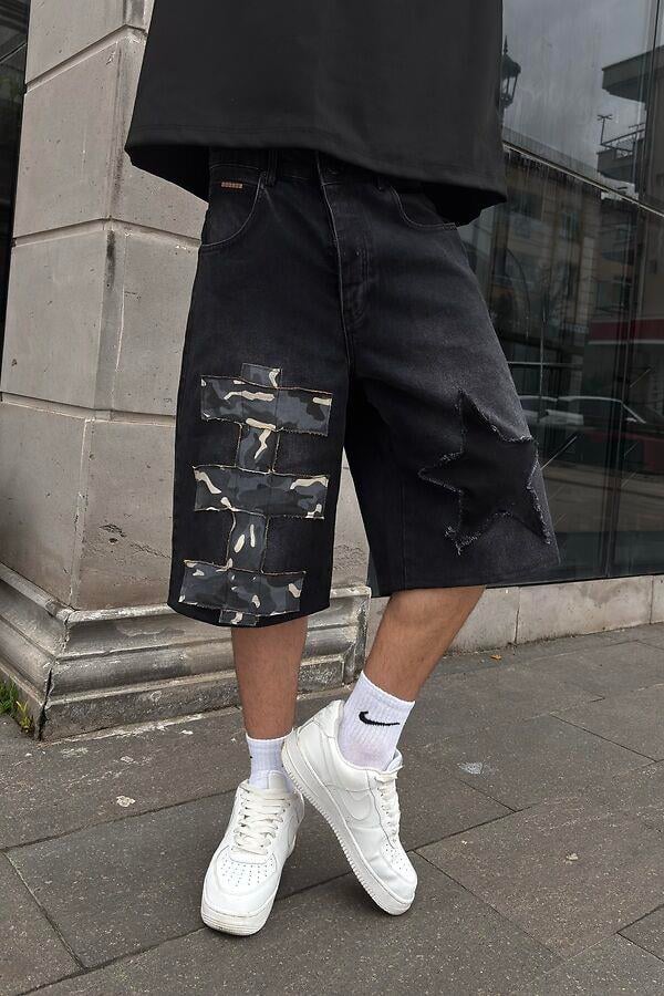 Antrasit Tone Camo Star Detail Denim Jorts