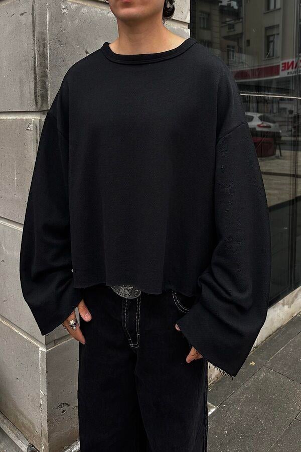 Black Boxy Fit Cut-Off Sweatshirt