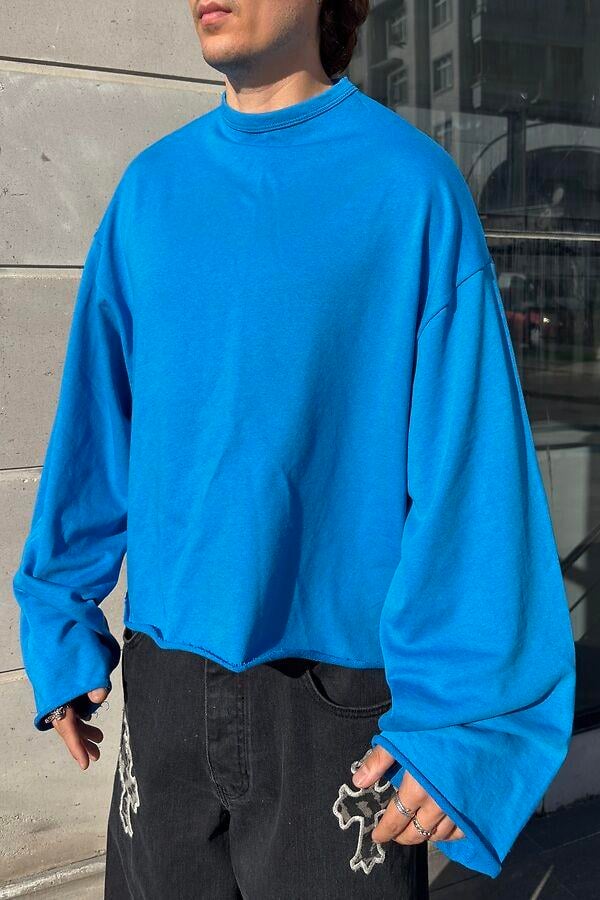 Blue Boxy Fit Cut-Off Sweatshirt