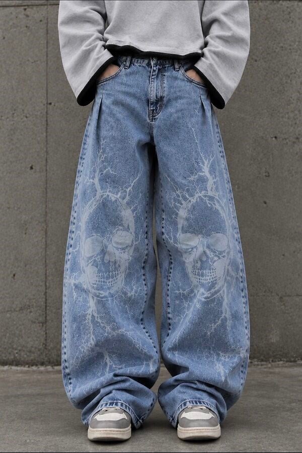 Blue Wash Volt Skull Unisex Baggy Jean