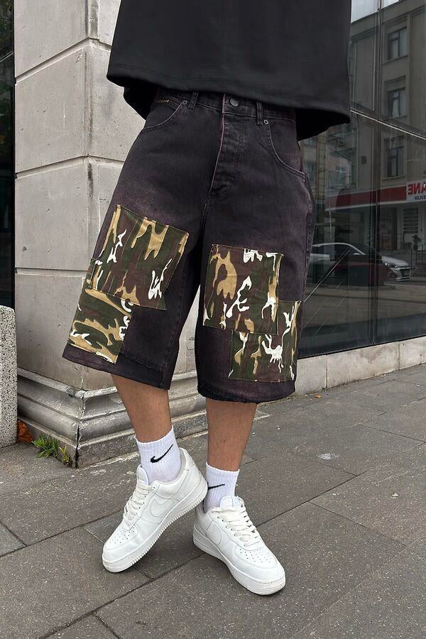 Denim Square Camo Detail Baggy Jorts
