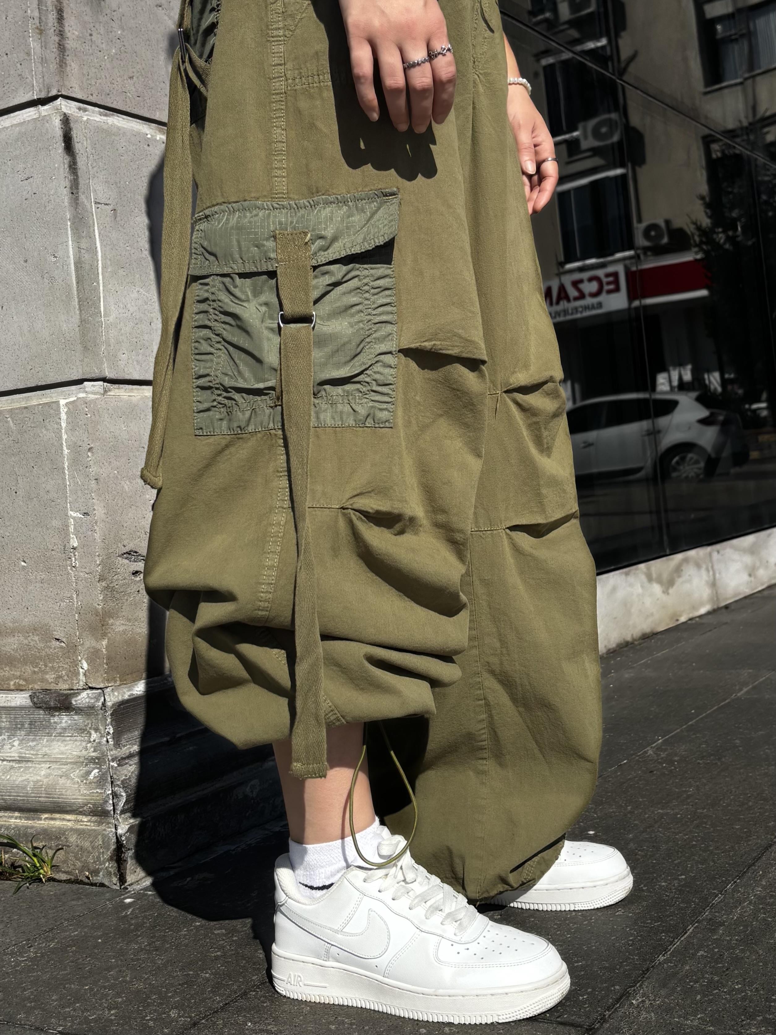Green Patchwork Multi Pocket Cargo Pants