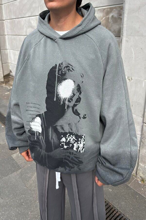 Grey Tone Yıkamalı With Granient And Statue Print Plus Hoodie