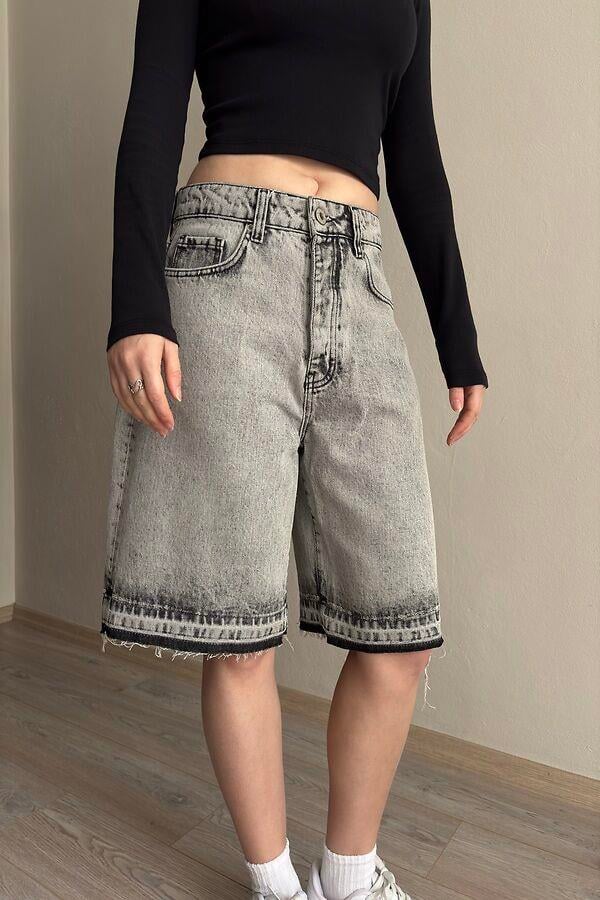 Gri Eskitme Ton Fringed Jorts
