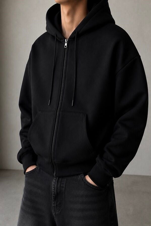 Heavy Noir Black Zip Oversize Hoodie