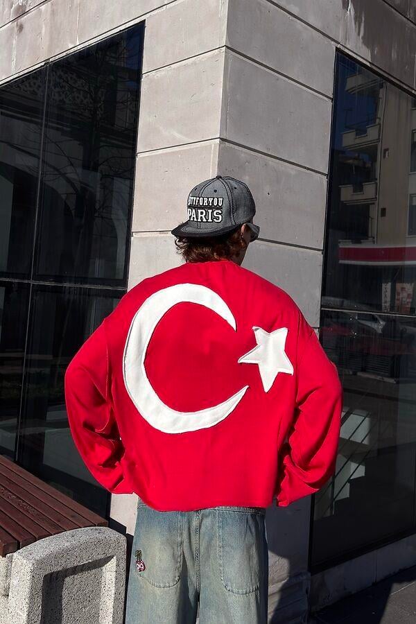 Hilal-Yıldız Yama Boxy Fit Cut-Off Kırmızı Sweatshirt