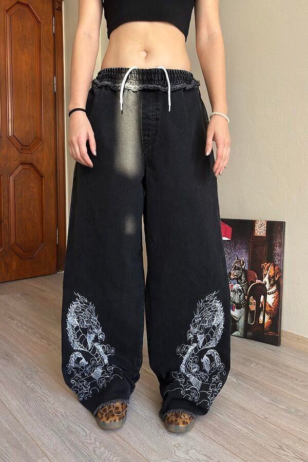 Premium Antrasit Tone Extreme Dragon Nakışlı Baggy Pants