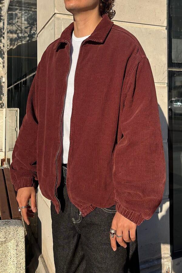 Premium Burgundy Tone Fitilli Kadife Harrington Jacket