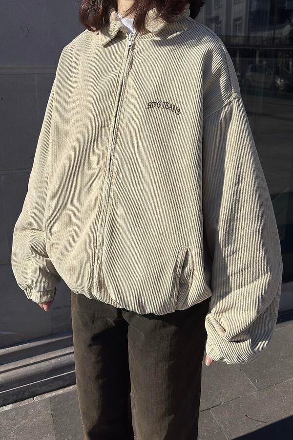 Premium Cream Tone Fitilli Kadife Harrington Jacket