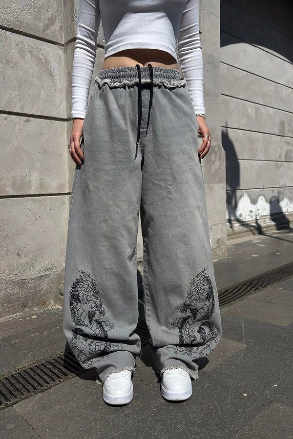 Premium Grey Tone Extreme Dragon Nakışlı Baggy Pants