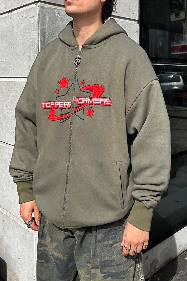 Premium Haki Ton TP Nakışlı Zipper Oversized Hoodie