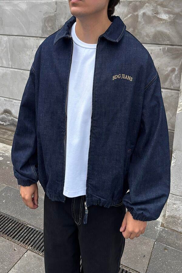 Premium Navy Blue Rinse Harrington  Bomber Denim Jacket 