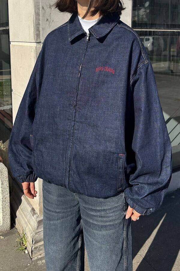 Premium Navy Blue Rinse Harrington Bomber Denim Jacket2
