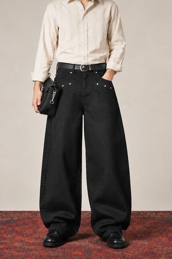 Premium Pearl Stitch Ultra Baggy Black Jeans