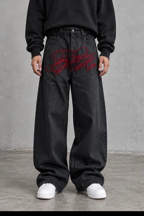 Premium Striped Buckle Back Ultra Baggy Jeans
