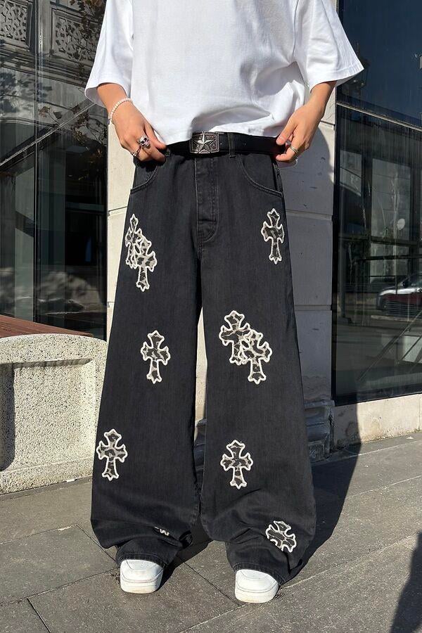 Premium Tall Leopard Cross Applique Ekstreme Baggy Jean