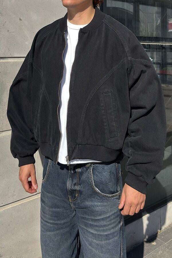 Premium Washed Black Cross Stitched Bomber Jacket