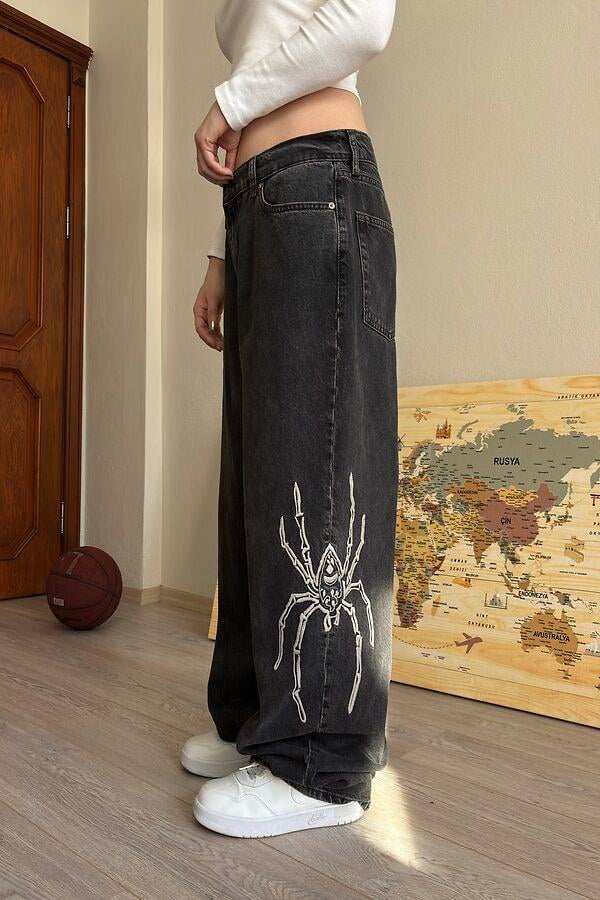 Premium Washed Black Jack Spider Baggy Jeans