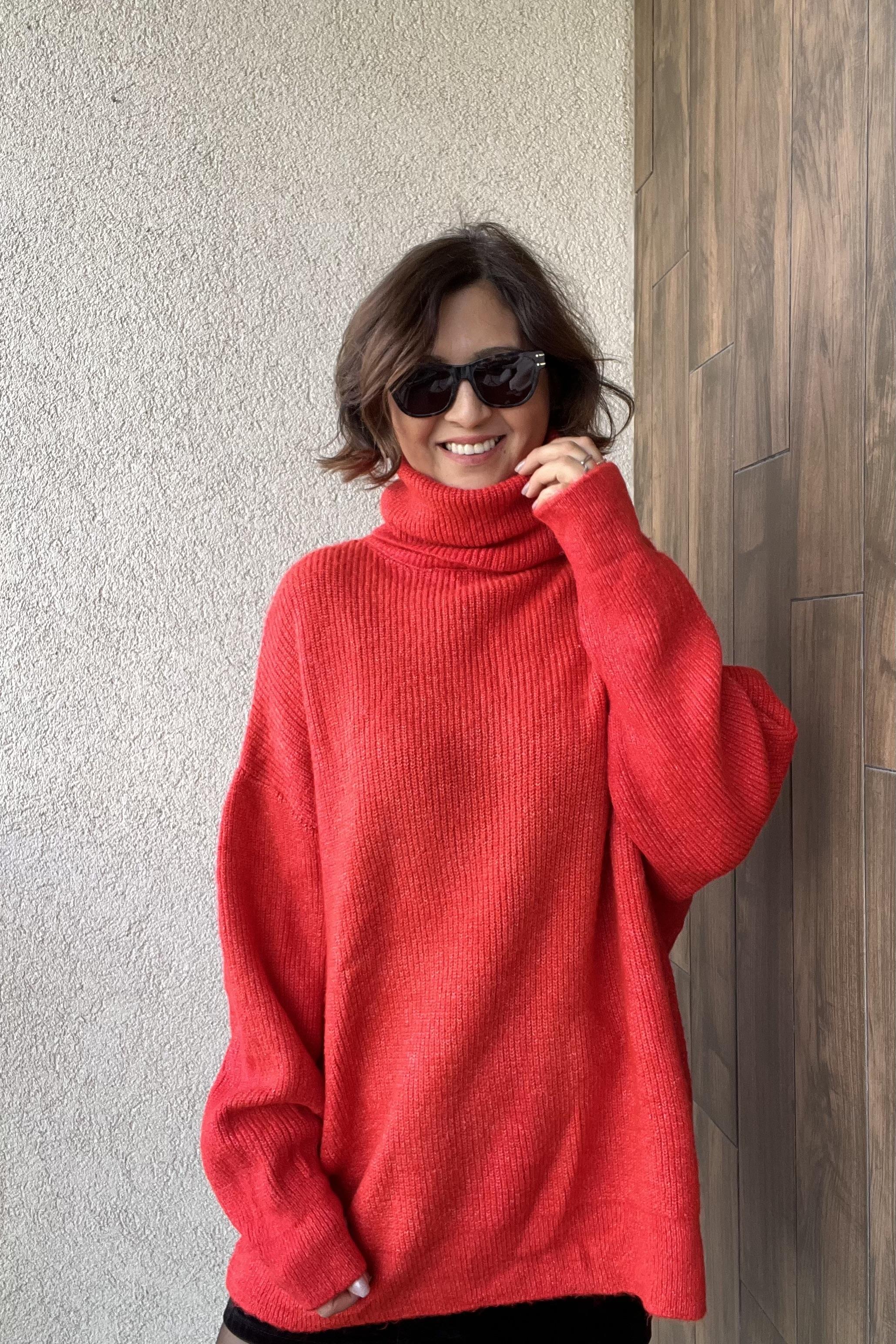 BALIKÇI YAKA OVERSİZE KIRMIZI KAZAK