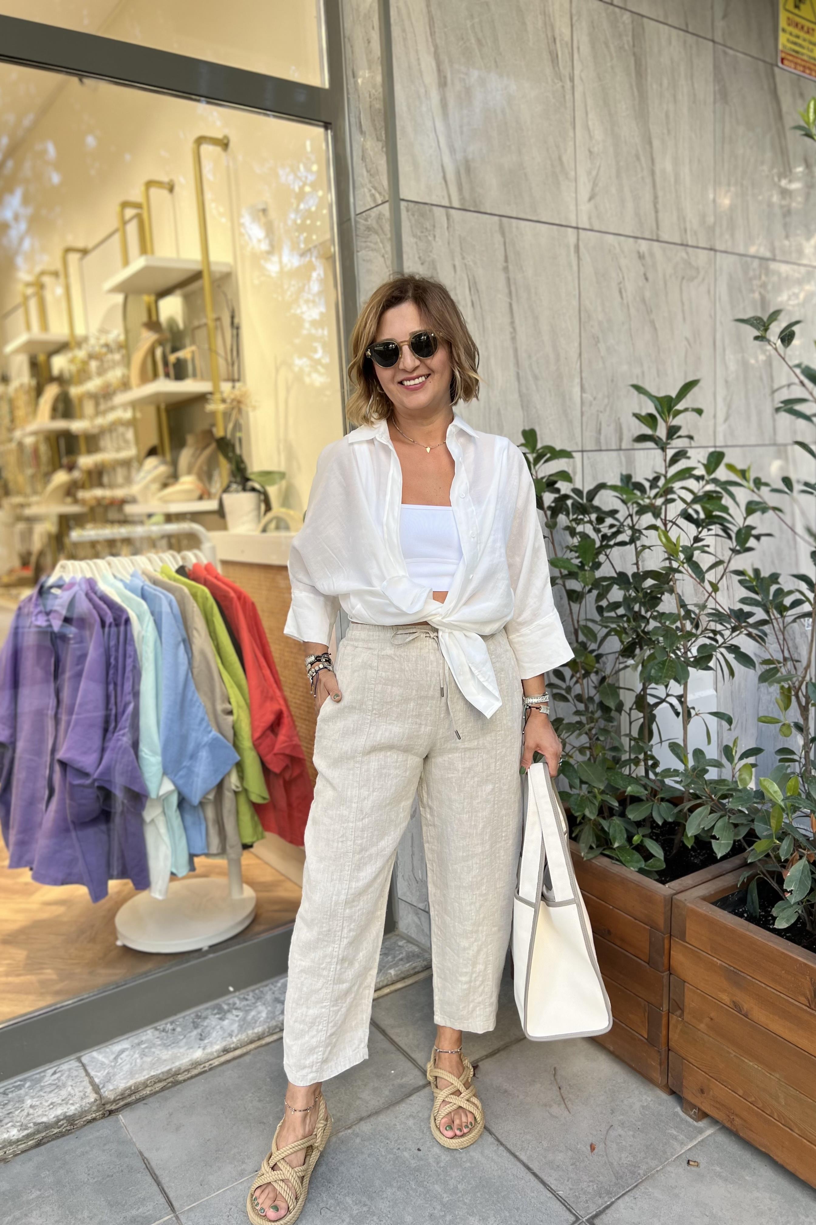 BELİ LASTİKLİ TAŞ RENGİ KETEN PANTOLON
