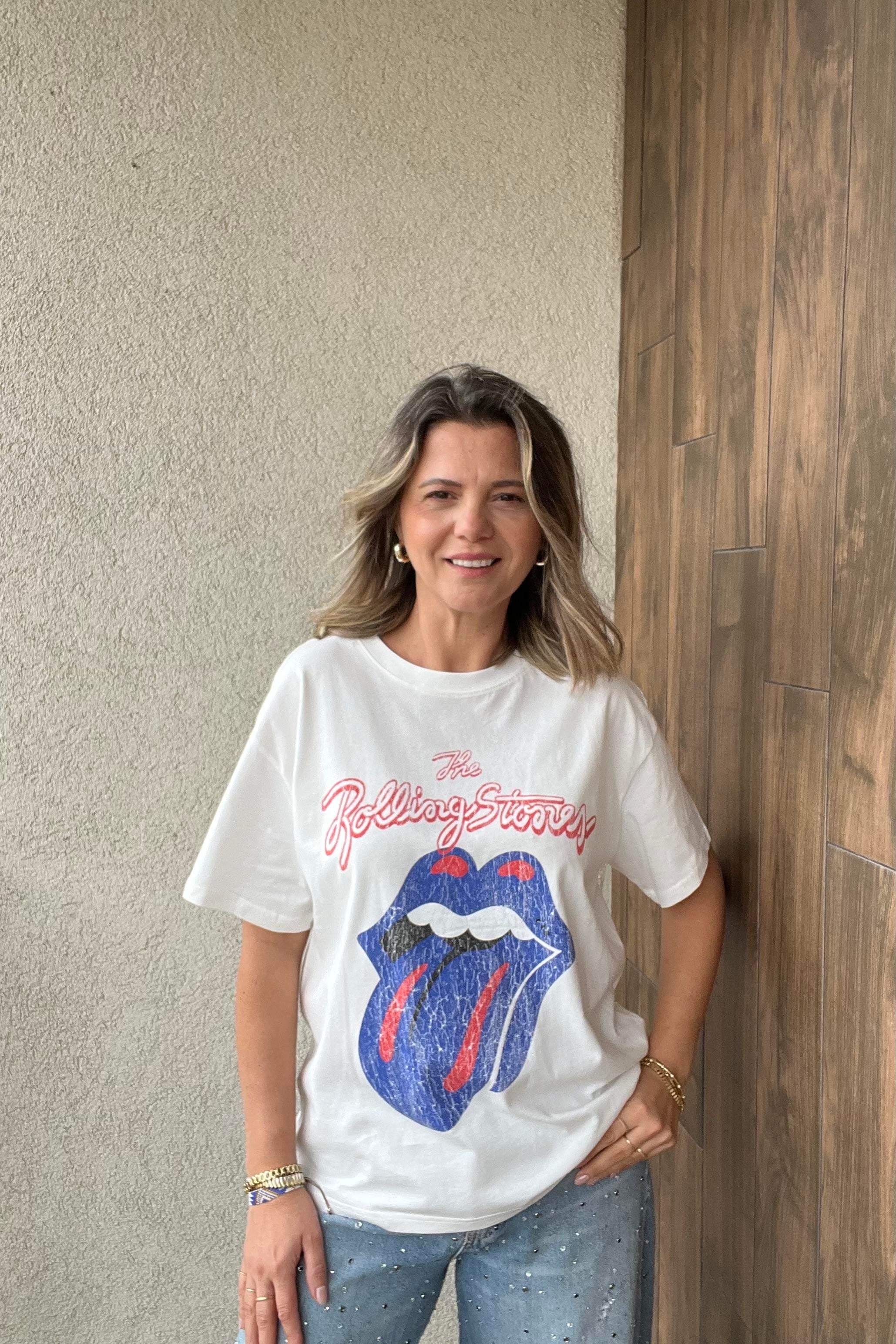 BEYAZ ROLLING STONE BASKILI TİŞÖRT