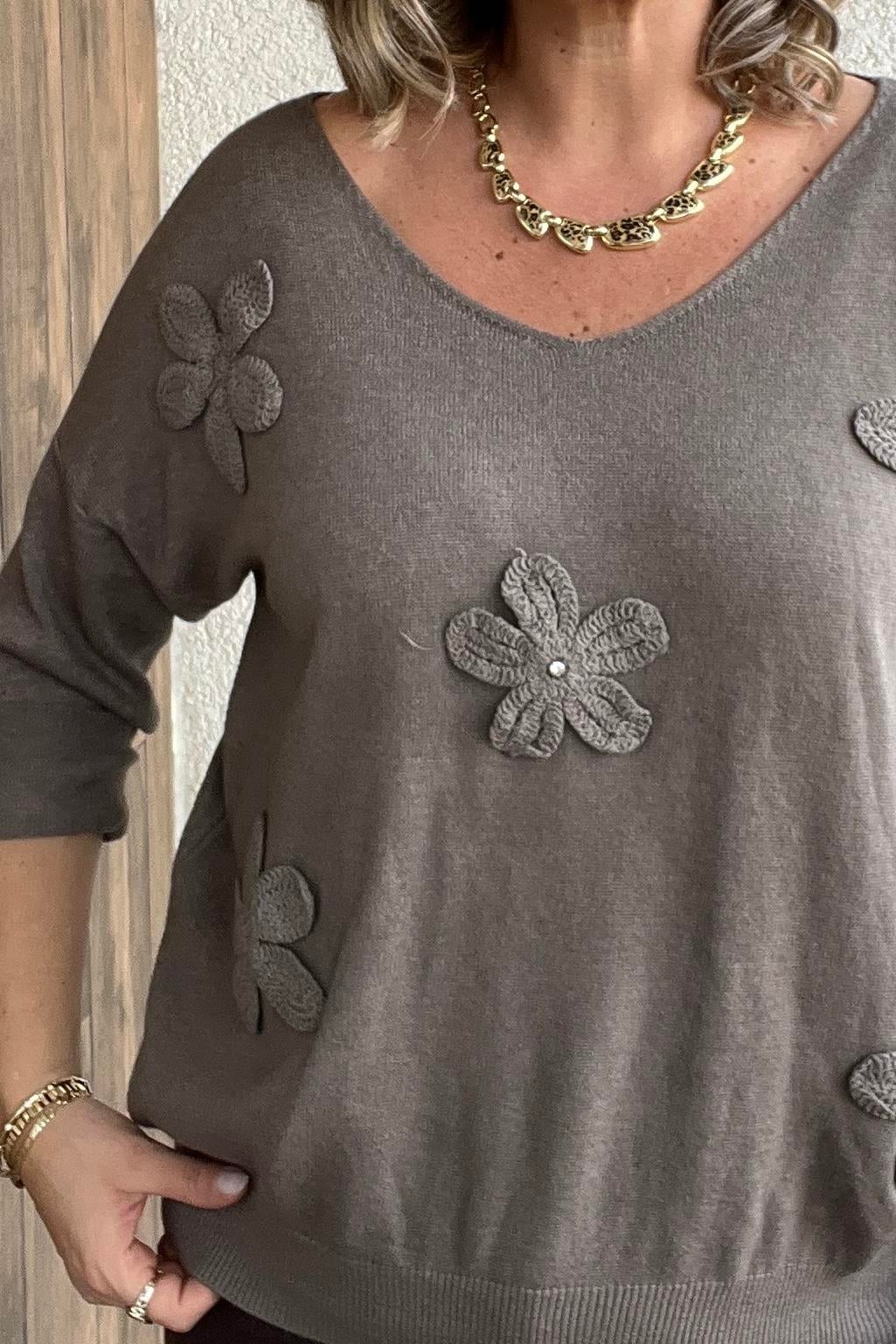 ÇİÇEK KABARTMALI V YAKA VİZON İTALYAN KAZAK