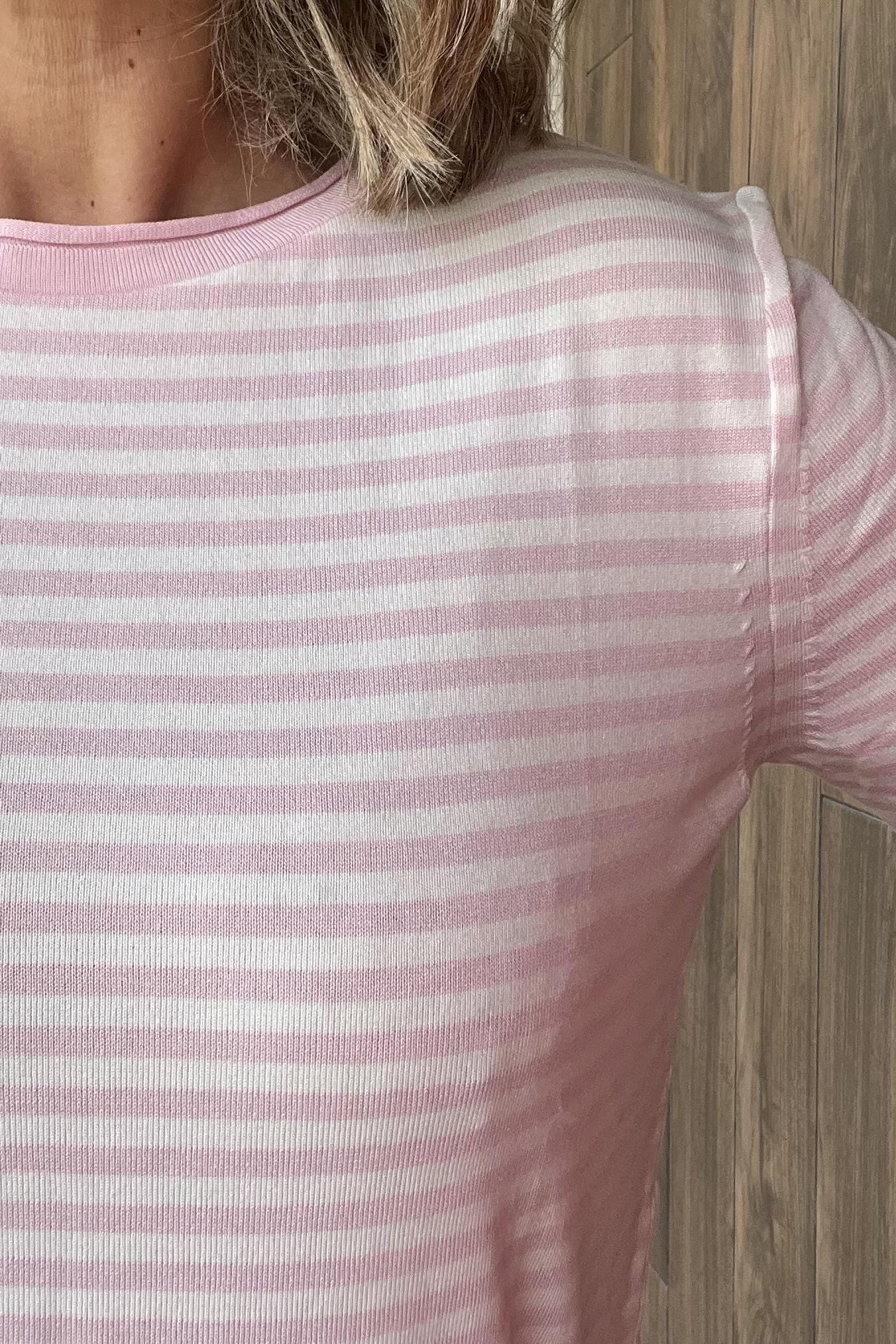 ÇİZGİLİ KISA KOL İNCE TRİKO - Pembe Beyaz