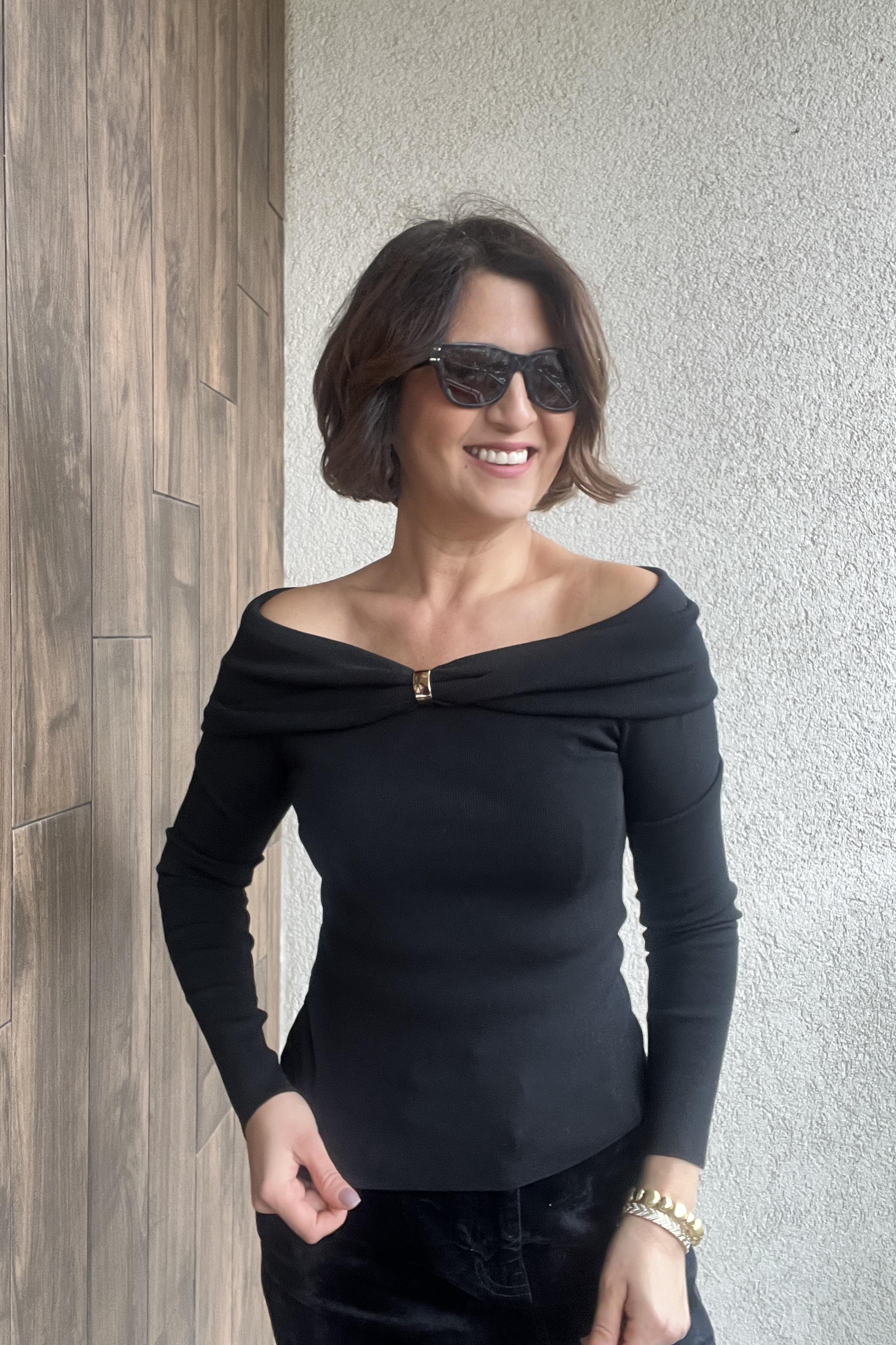 DİLVİN BARDOT YAKA AKSESUARLI SİYAH TRİKO KAZAK