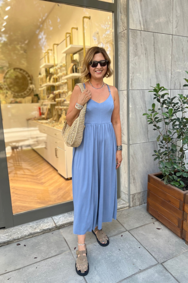İNCE ASKILI MAVİ TULUM ELBİSE