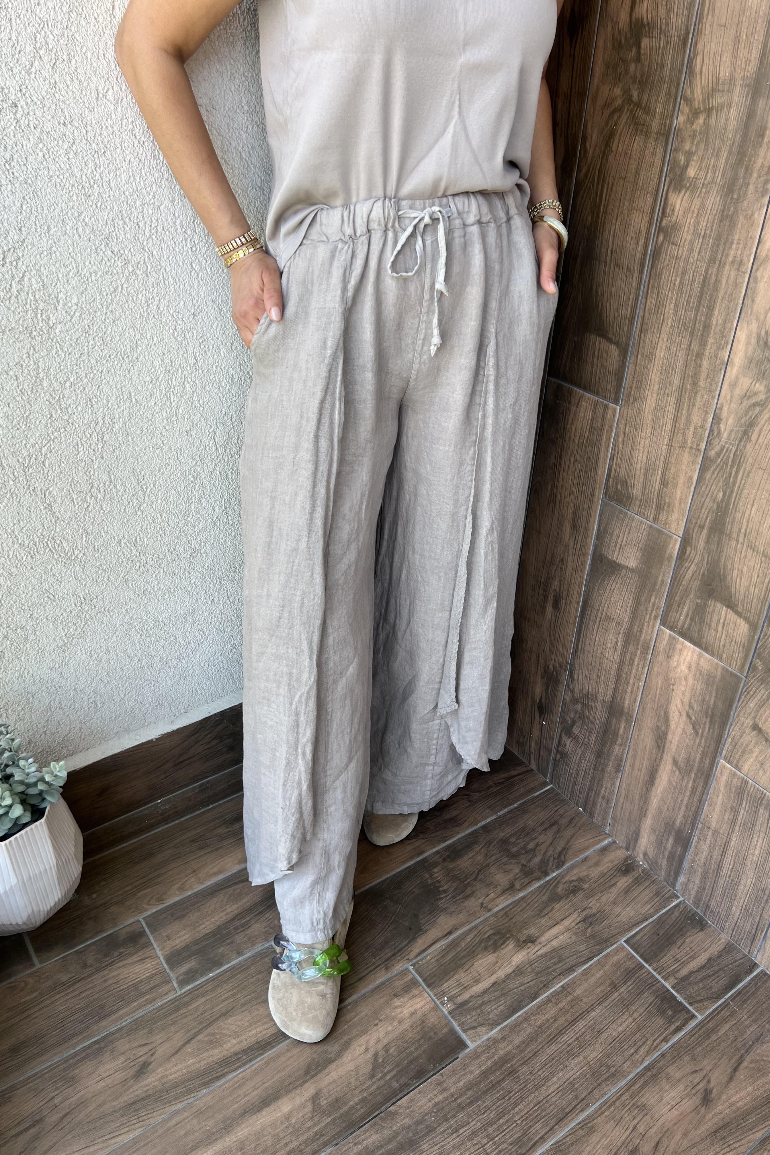 İTALYAN BOL PAÇA KETEN PANTOLON - Vizon