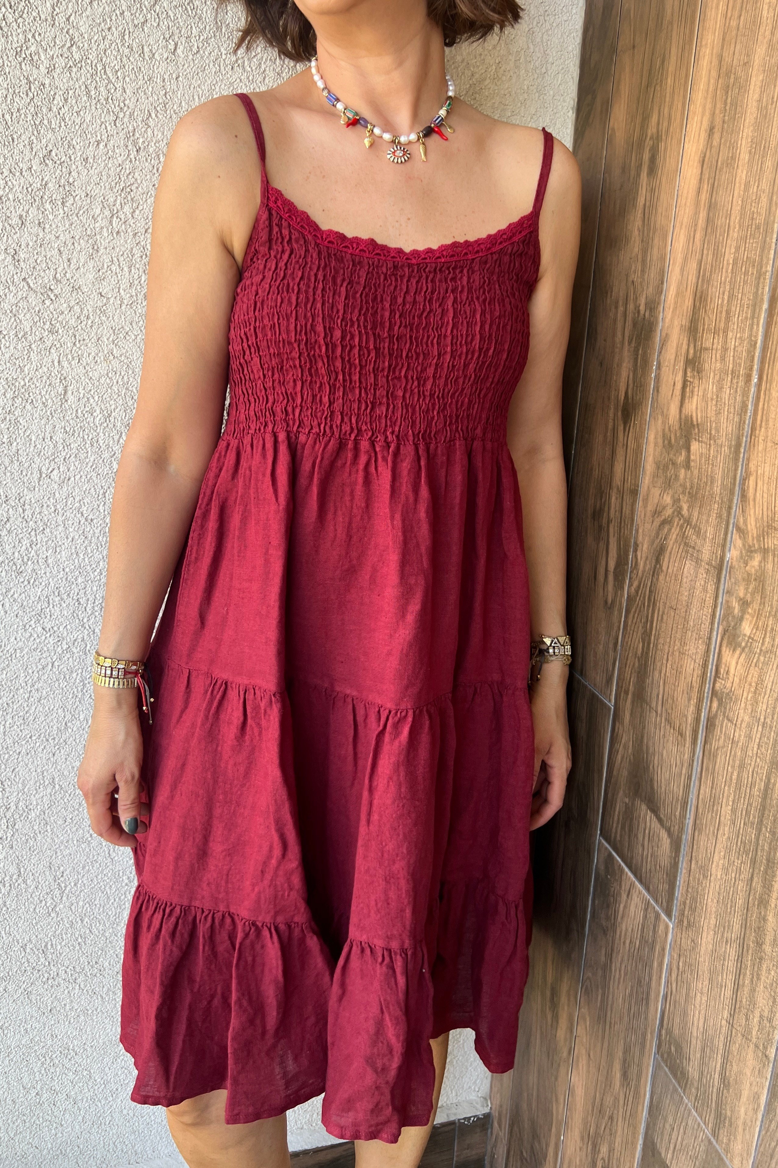 İTALYAN DRAPELİ KETEN ELBİSE - Bordo