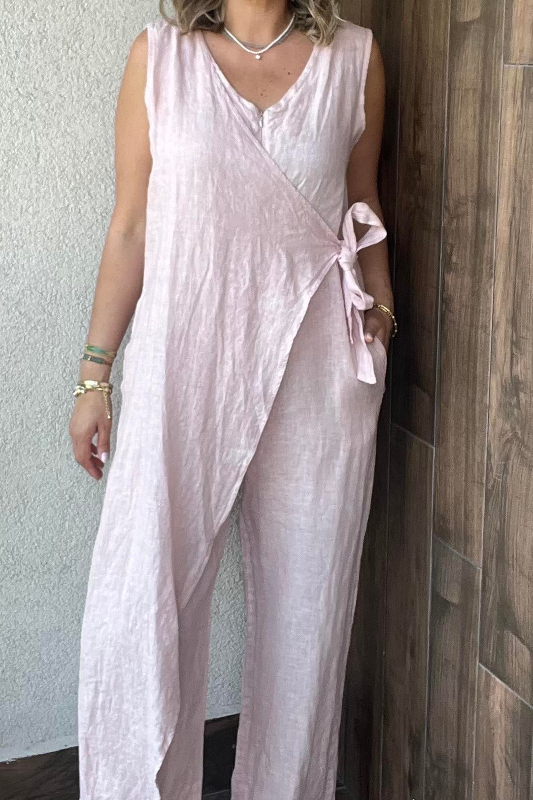 İTALYAN FERMUARLI YANDAN BAĞLAMALI KOLSUZ TULUM - Açık Pembe