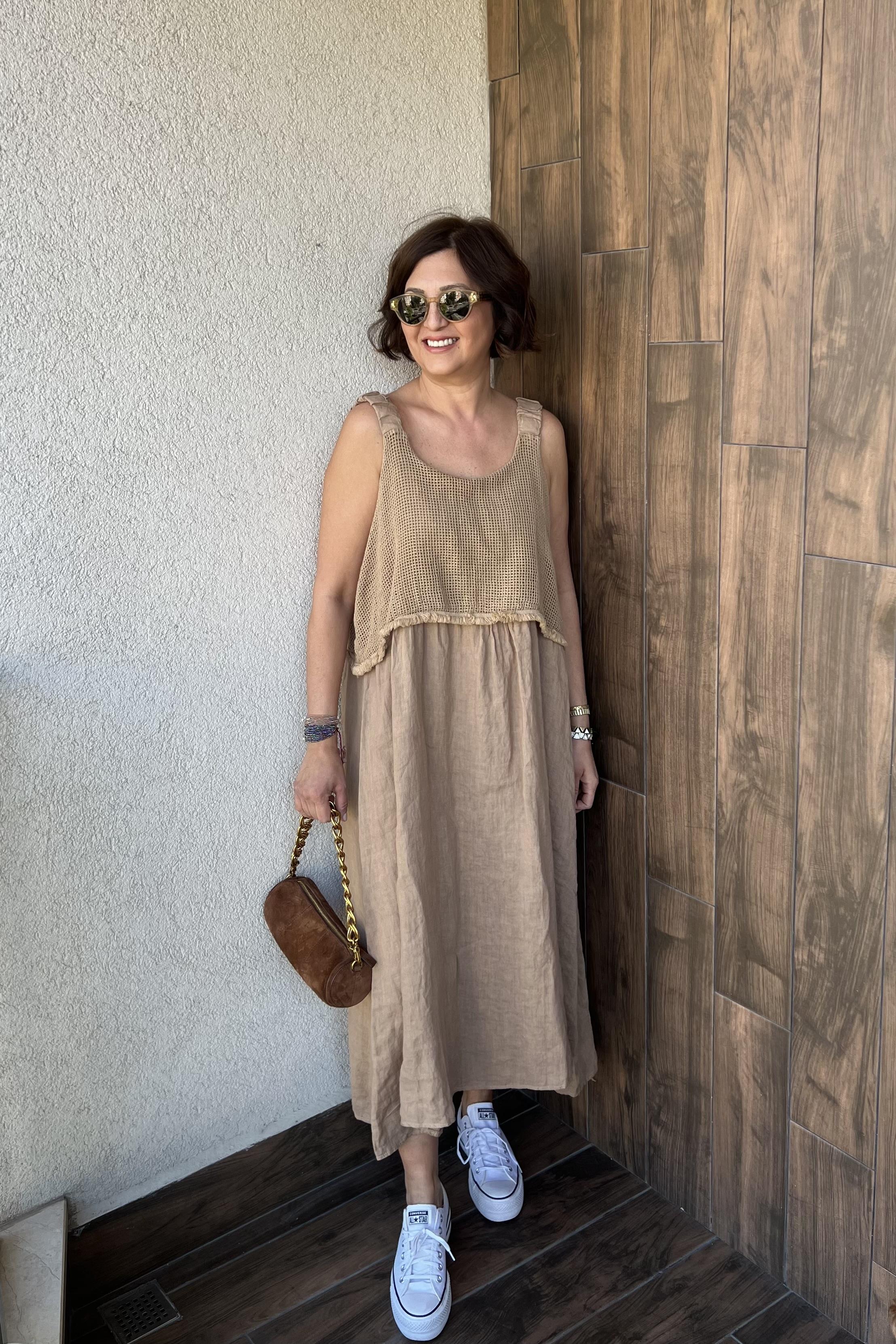 İTALYAN FİLE DETAYLI KALIN ASKILI ELBİSE - Camel