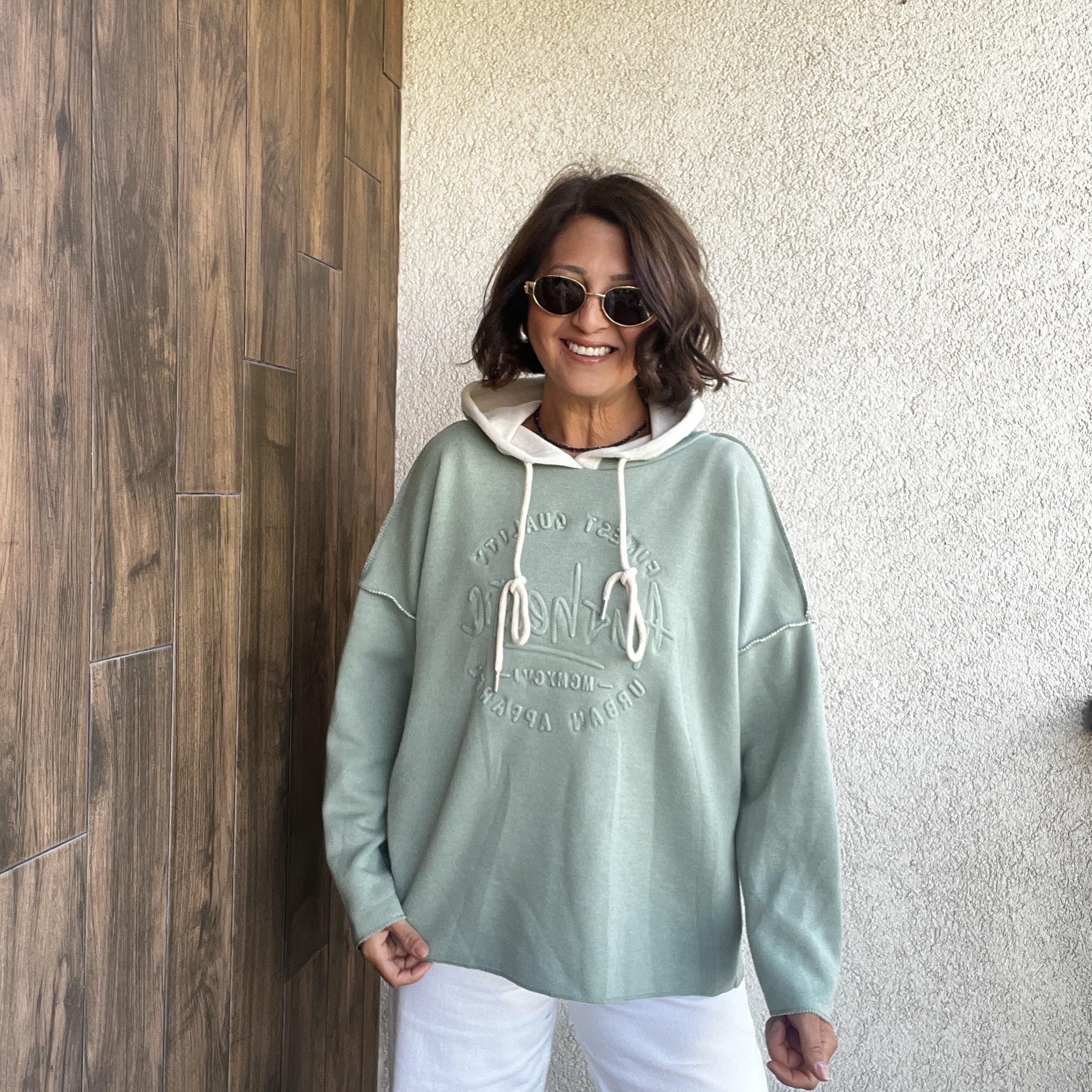 KABARTMA YAZI DETAYLI ÇELİK ÖRGÜ KAPÜŞONLU SWEATSHIRT - Mint Yeşili