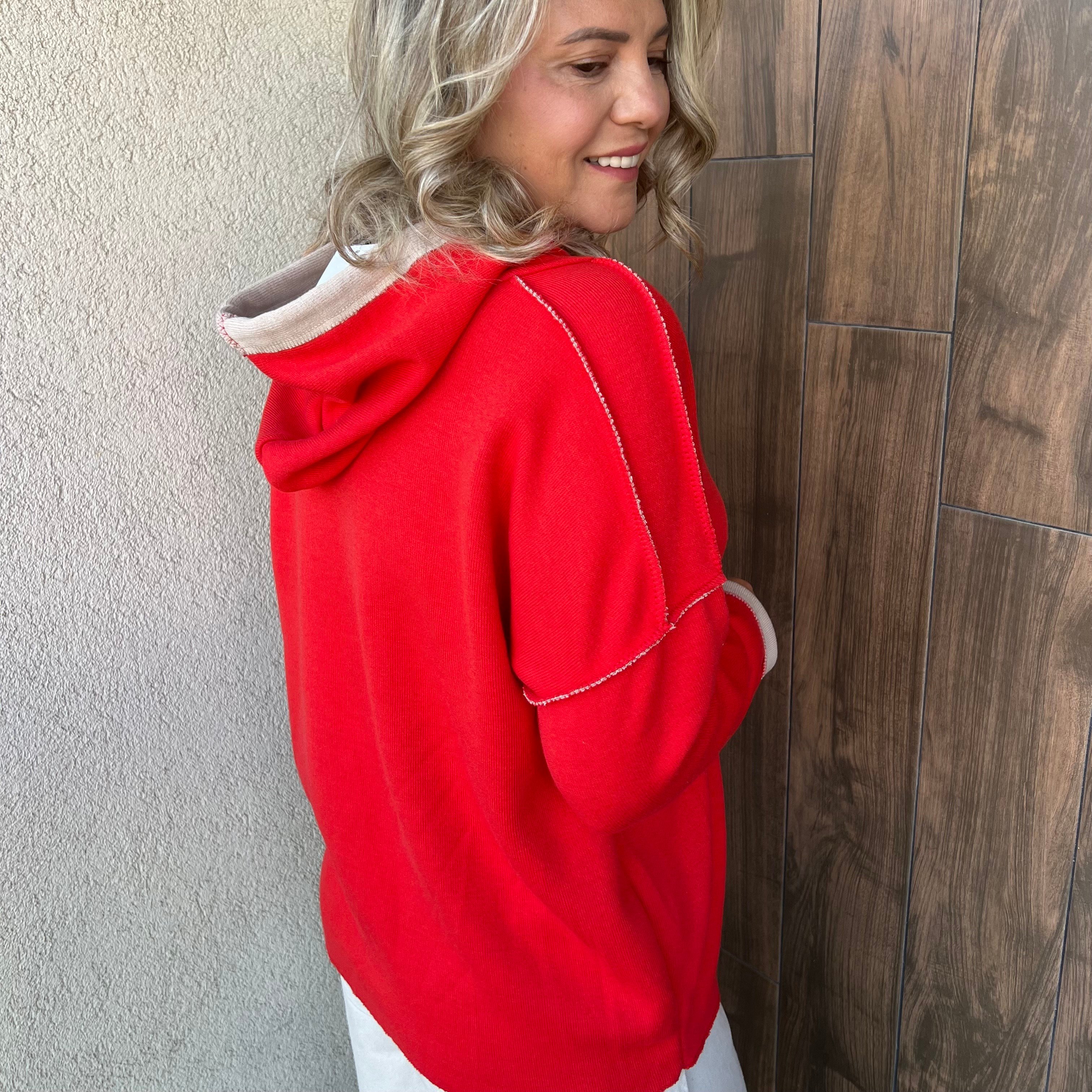 KABARTMA YAZI DETAYLI ÇELİK ÖRGÜ KAPÜŞONLU SWEATSHIRT - Kırmızı