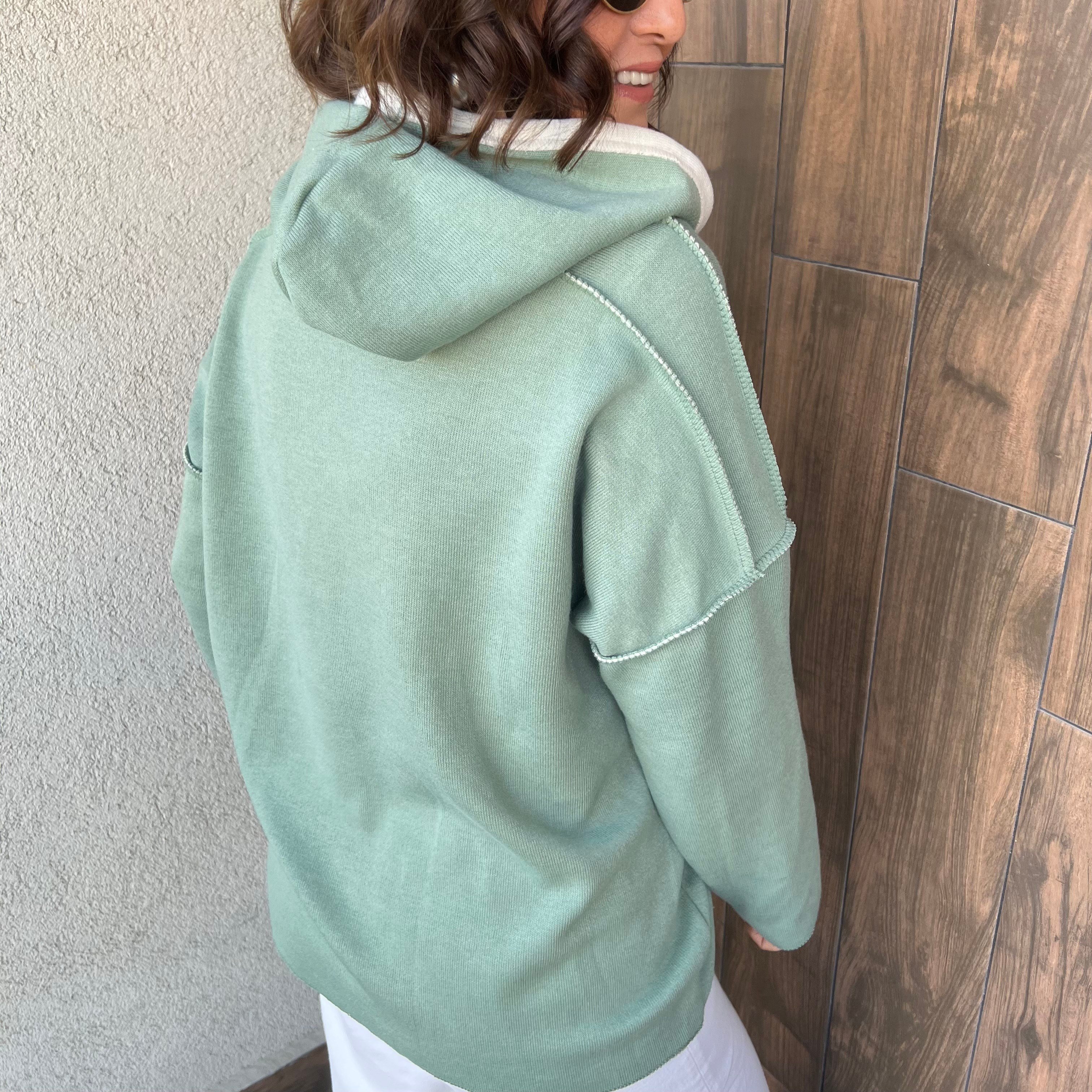 KABARTMA YAZI DETAYLI ÇELİK ÖRGÜ KAPÜŞONLU SWEATSHIRT - Mint Yeşili