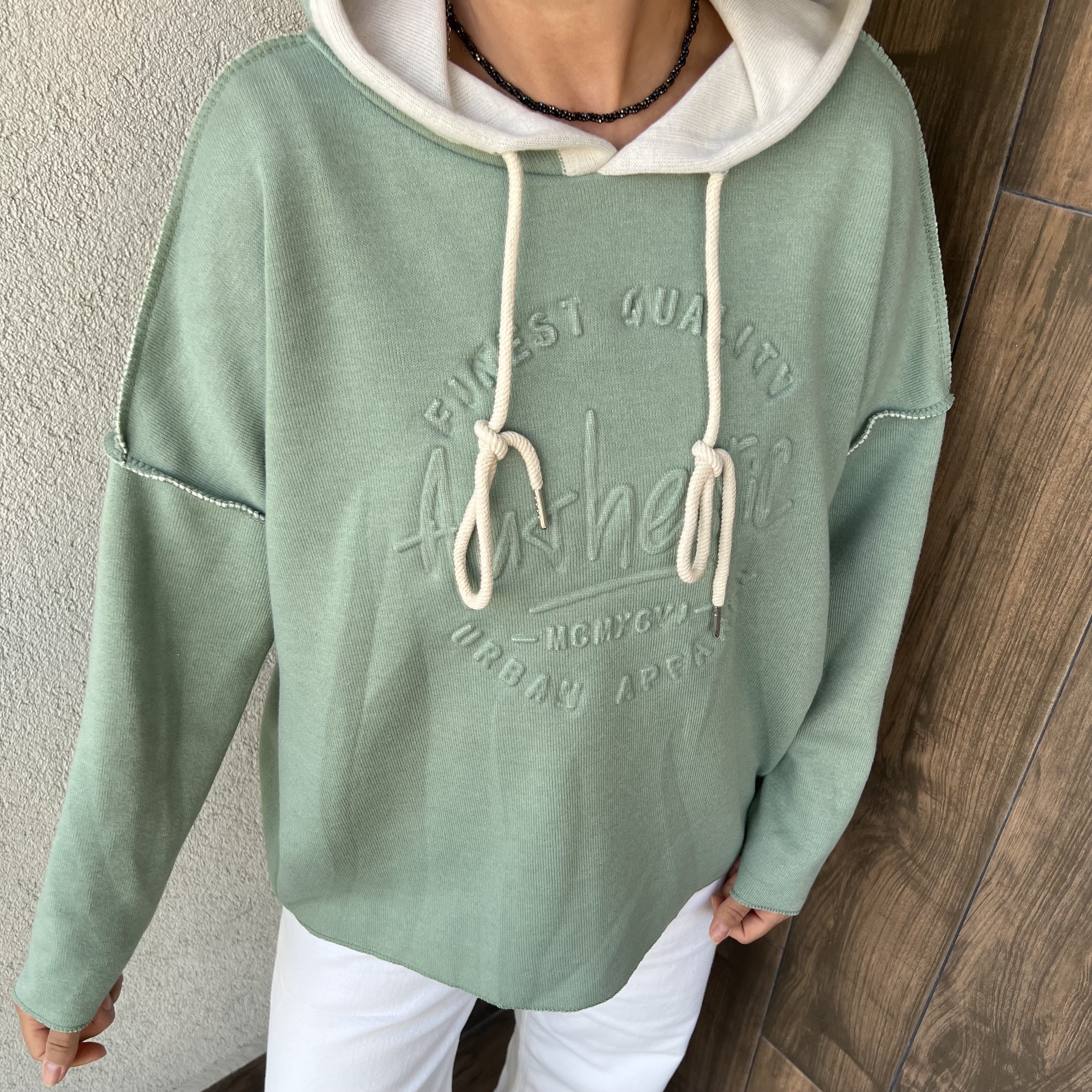 KABARTMA YAZI DETAYLI ÇELİK ÖRGÜ KAPÜŞONLU SWEATSHIRT - Mint Yeşili