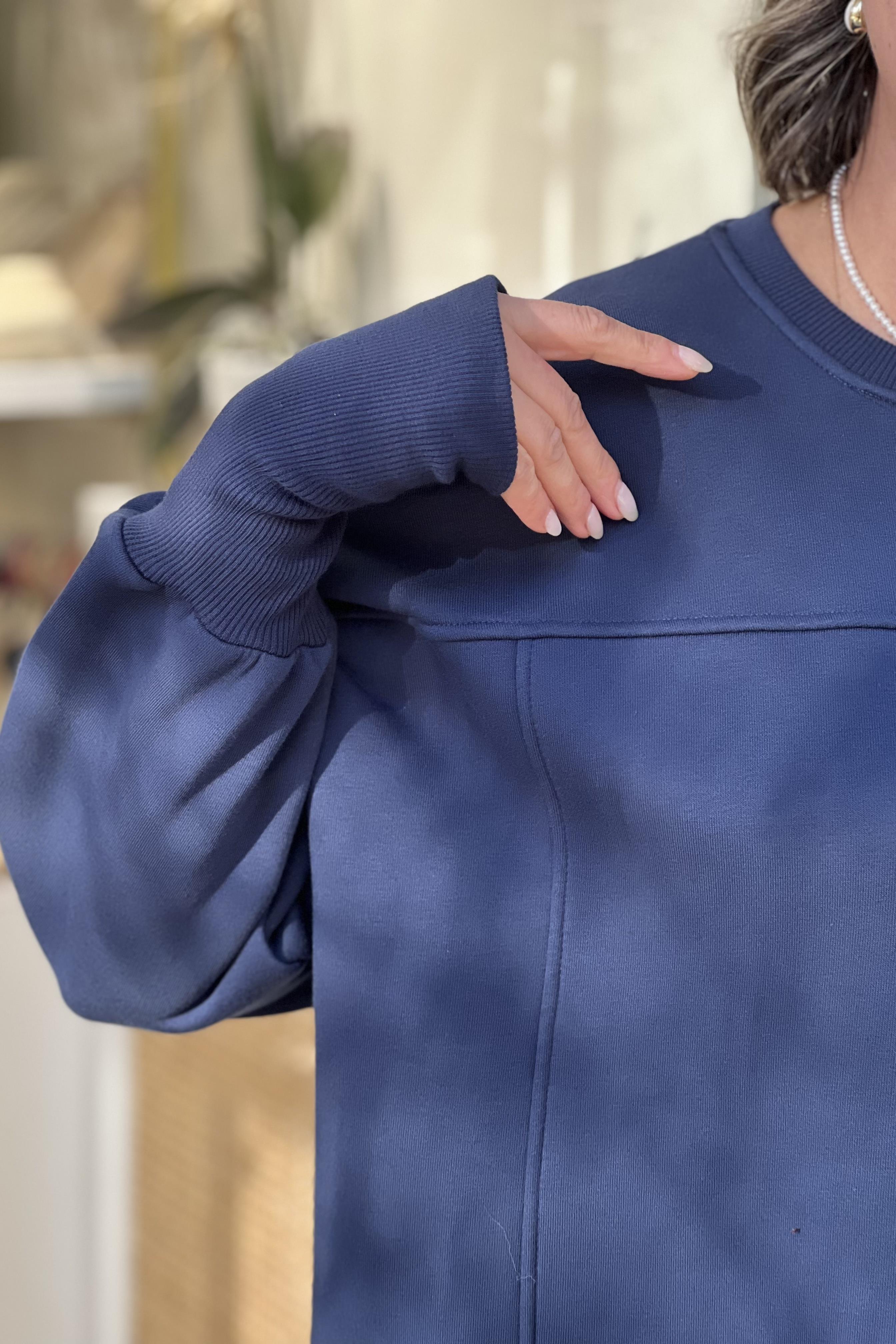 KOL DETAYLI LACİVERT  OVERSİZE SWEATSHIRT
