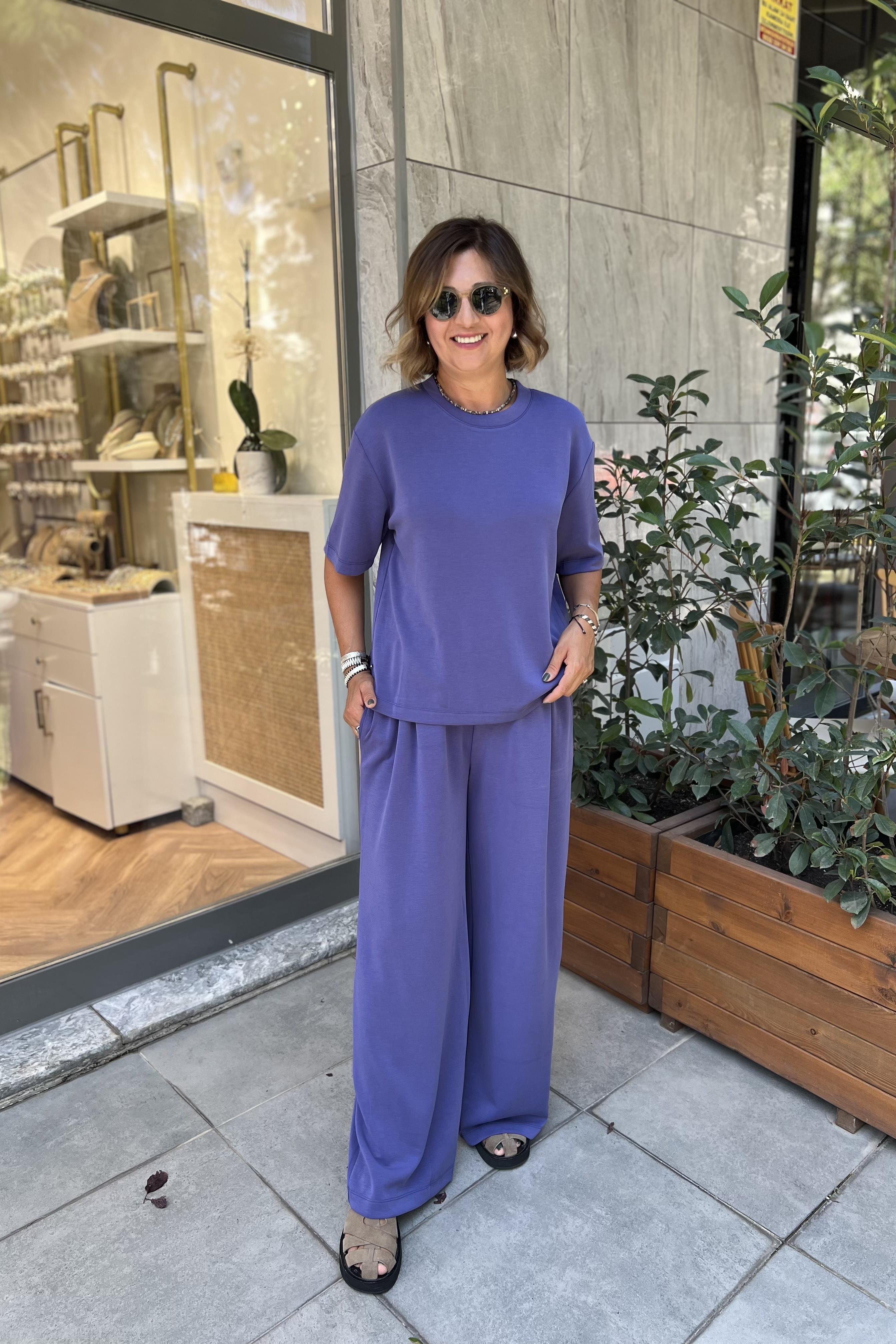 MODAL KUMAŞ BELİ LASTİKLİ MOR EŞOFMAN TAKIM