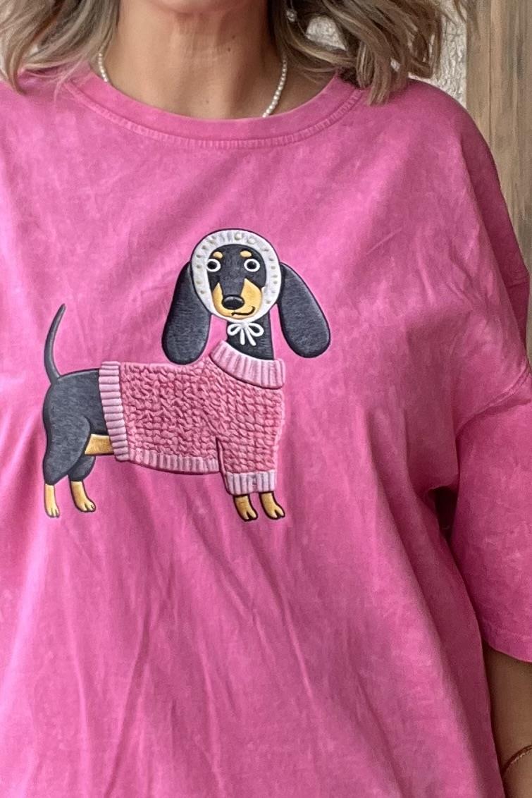 PEMBE YIKAMALI KÖPEK BASKILI TİŞÖRT
