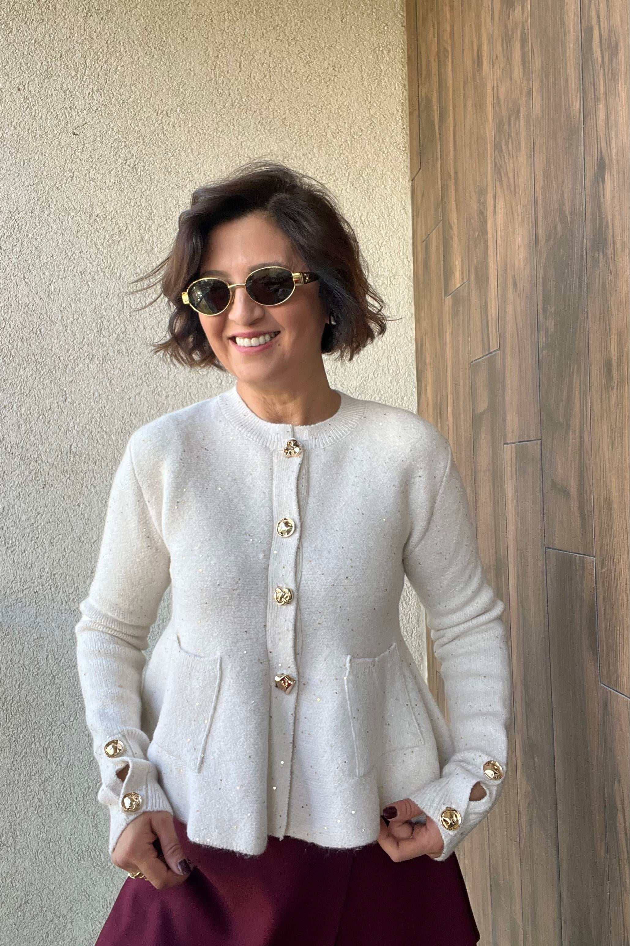 PEPLUM PIRILTILI EKRU TRİKO HIRKA