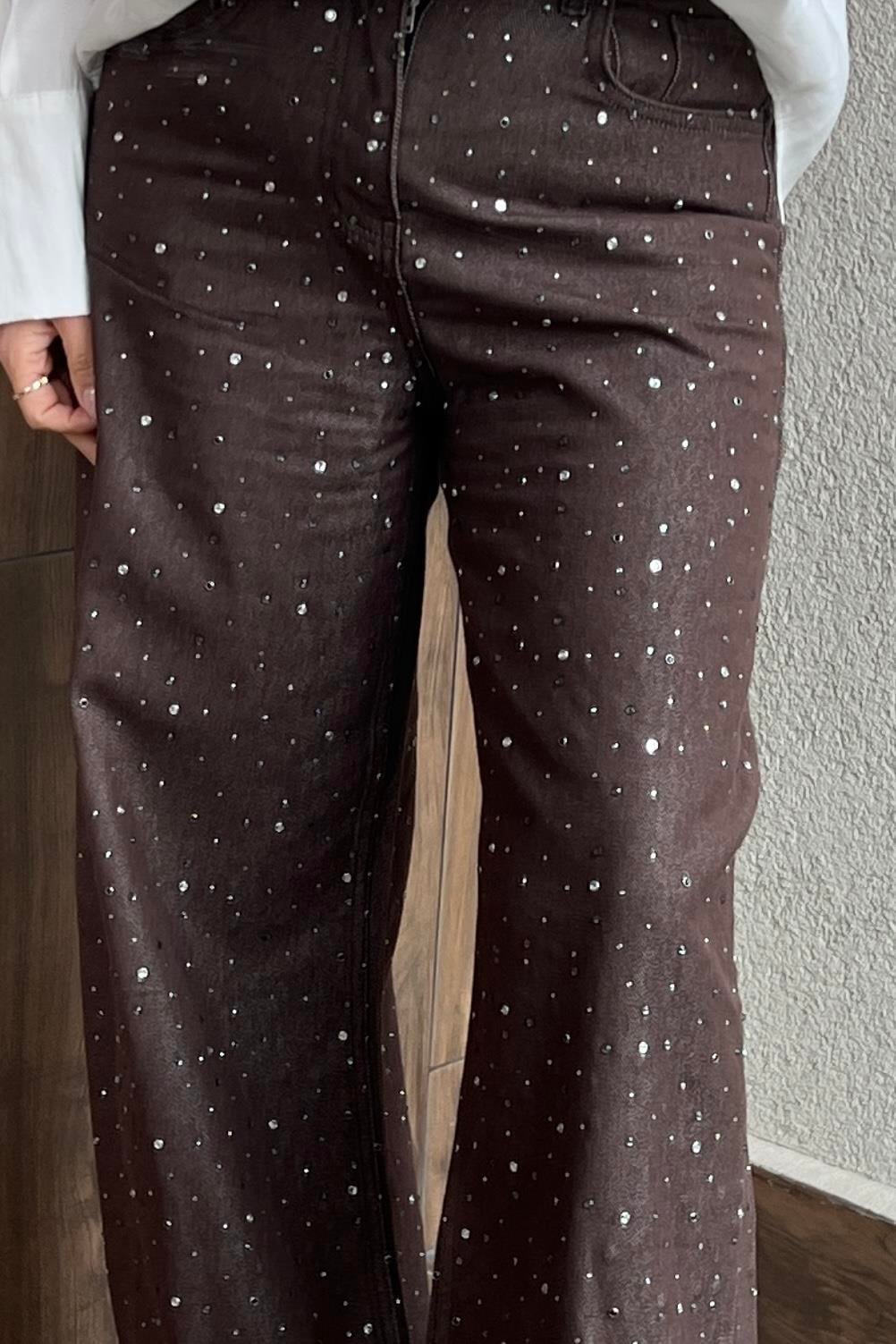 PREMİUM KALİTE TAŞ İŞLEMELİ KAHVE JEAN PANTOLON