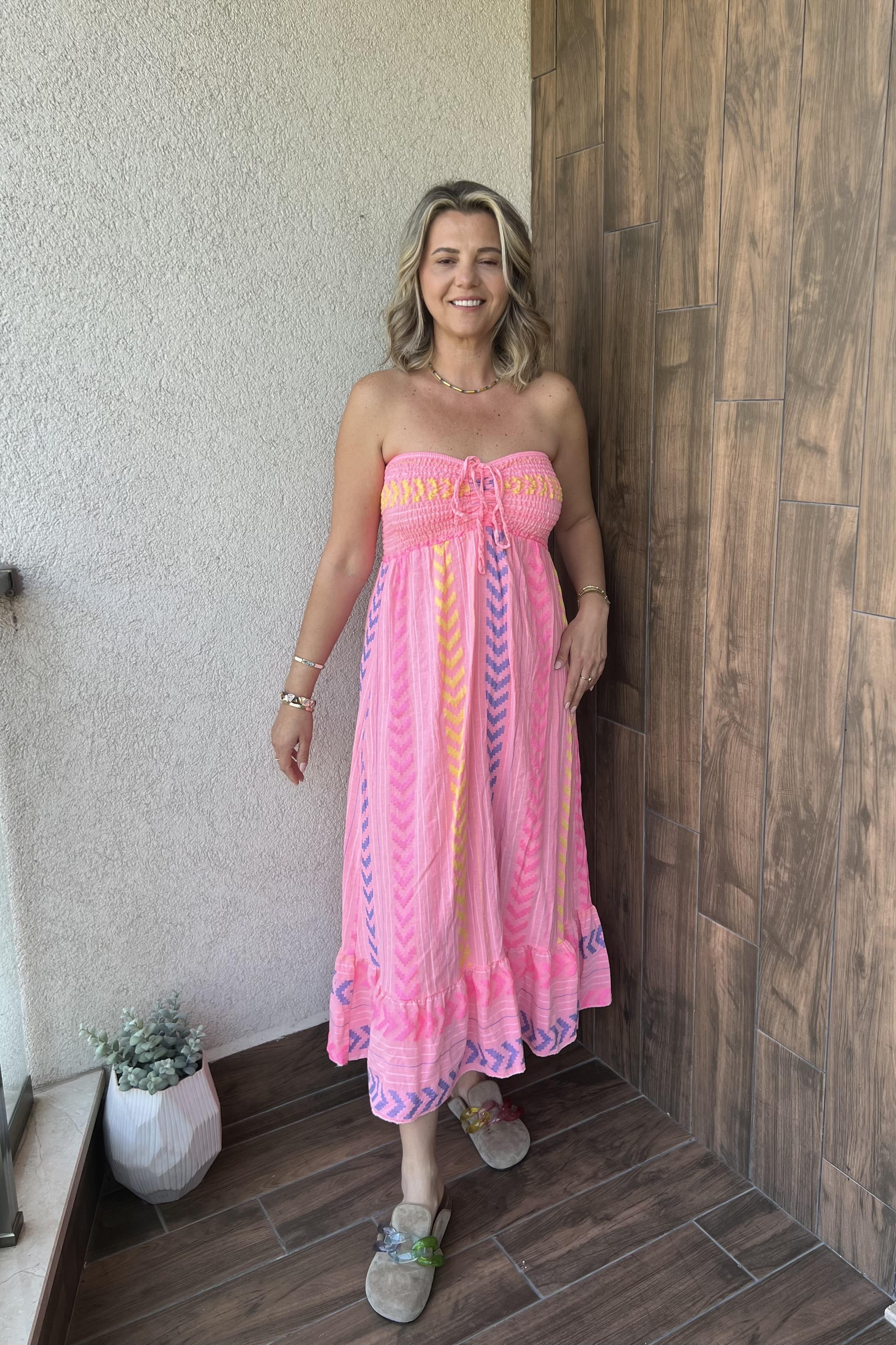 STRAPLEZ PAMUKLU ELBİSE - Pembe