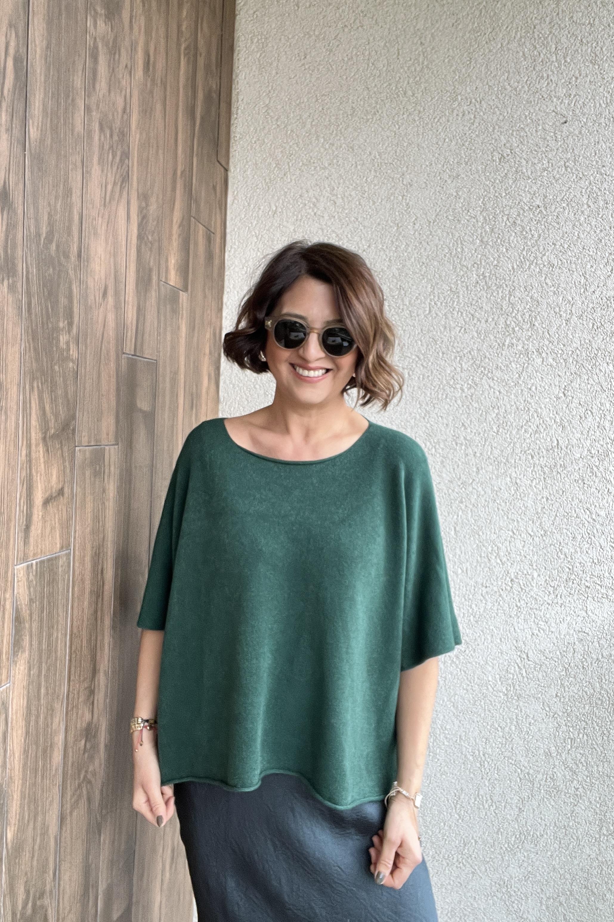 V YAKA KISA KOL İTALYAN VİSCOSE TRİKO - Yeşil