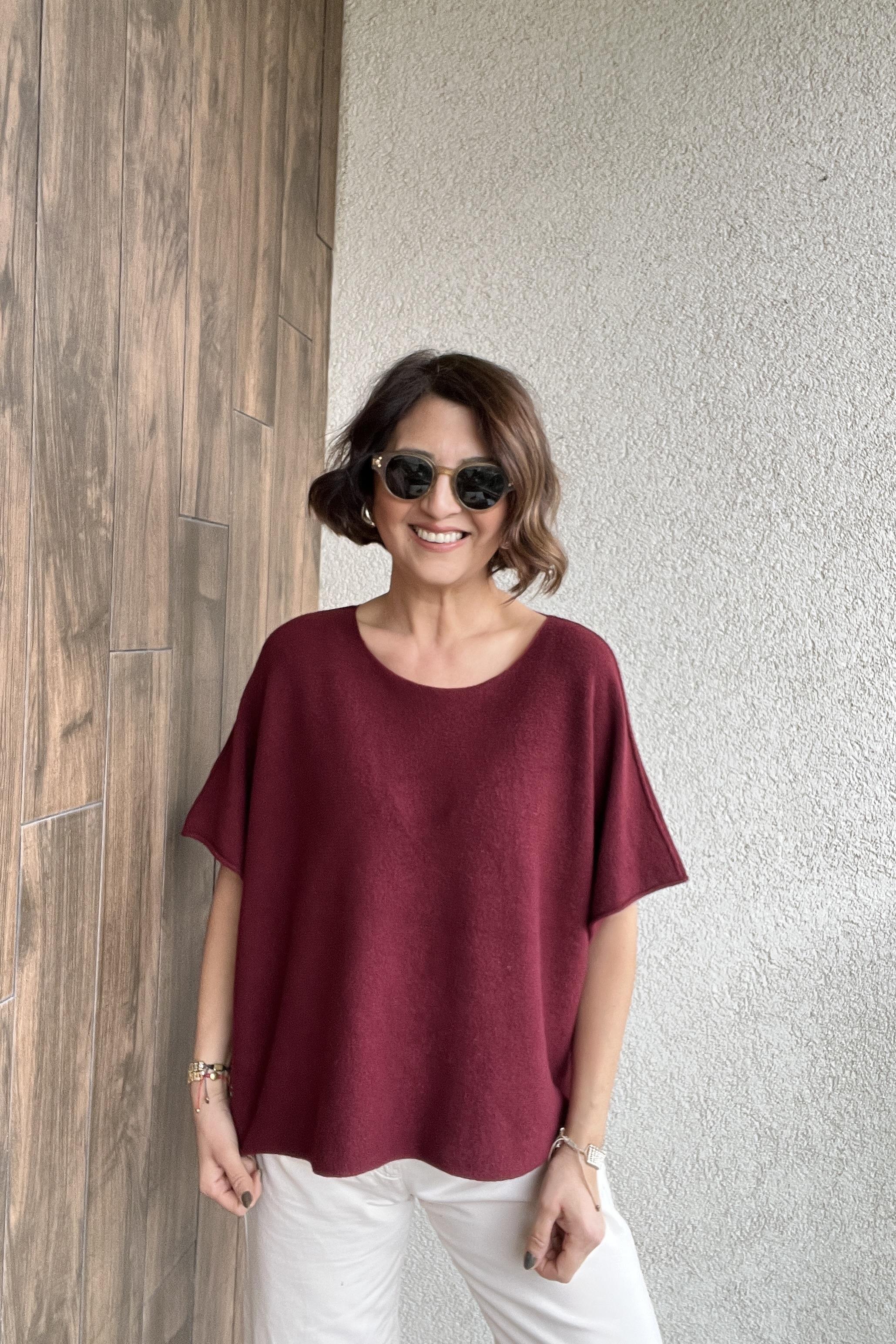 V YAKA KISA KOL İTALYAN VİSCOSE TRİKO - Bordo 