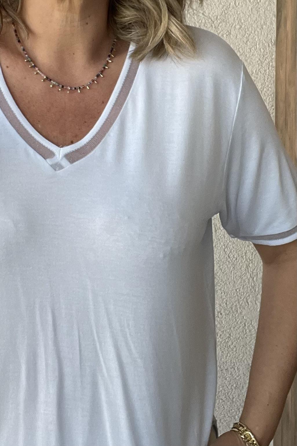 V YAKA SİM ŞERİT DETAYLI TİŞÖRT - Açık Mavi
