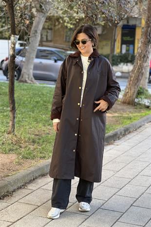 ACI KAHVE UZUN PARKA TRENÇKOT ÖZEL MUMLU KUMAŞ