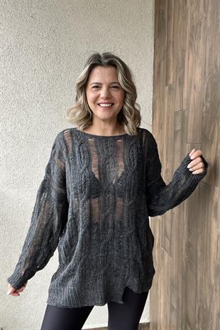 AJURLU SAÇ ÖRGÜLÜ ANTRASİT KAZAK